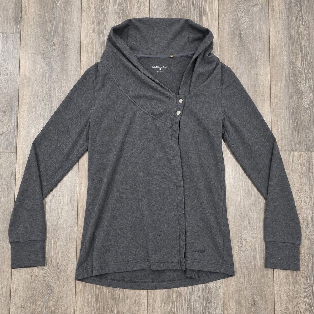 Danskin Now Women's Large Gray Asymmetrical Snap Cowl Neck Wrap Cardigan Jacket
